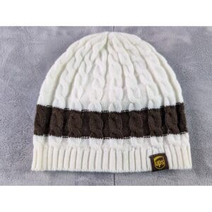 UPS Cable Knit Beanie Hat White Brown Stripe Logo One Size Acrylic